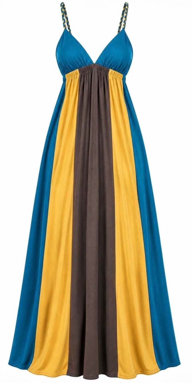 Soulmates Women’s Colorblock Teal Mustard Brown Maxi Dress Braided Straps Boho
